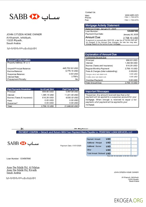 Relevé hypothécaire de la banque SABB en Arabie Saoudite aux formats Word et PDF